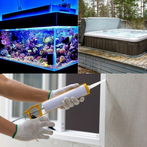 Close-up of versatile silicone sealant applications in various settings: sealing around a shower and bath for waterproof protection, securing joints on a hot tub to prevent leaks, providing a watertight barrier on a kitchen countertop, and safely bonding glass panels in an aquarium. The image showcases silicone's use in wet and high-moisture environments, highlighting its durability and strong adhesive properties.