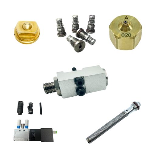 Assorted adhesive equipment spare parts including hot melt nozzles, hoses, filters, and applicators