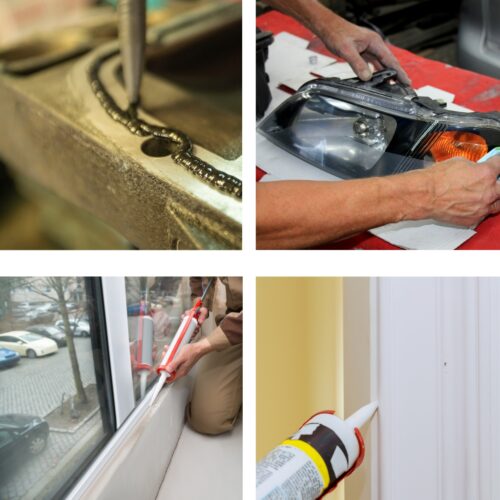 BC Adhesives silicones in action across various applications: forming reliable seals on automotive gaskets, securing headlight and taillight assemblies for weather resistance, bonding construction materials for durable joints, and encapsulating sensitive electronics for protection. This image showcases BC Adhesives silicones' versatility and performance in demanding environments requiring strong, flexible, and resilient sealing solutions.